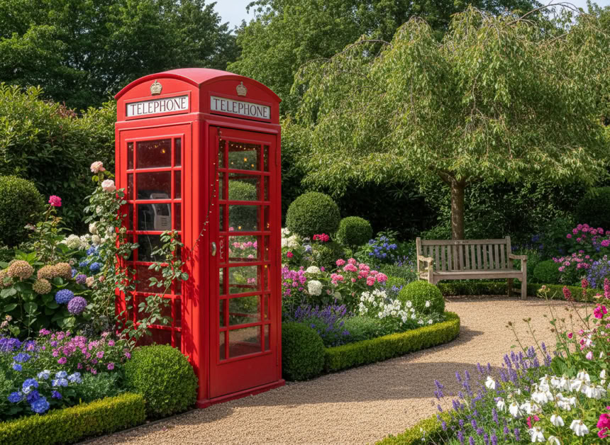 Rote K6 Telefonzelle umgeben von blühenden Blumen