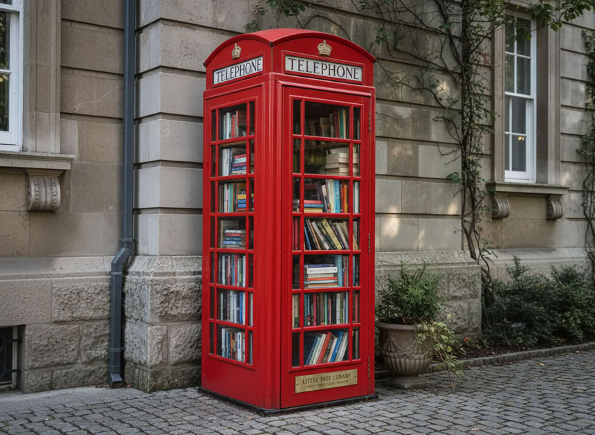 Zur Bibliothek umgebaute rote Telefonzelle